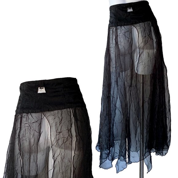 French Designer Biche de Bère vintage tiered/crinkled/pliseé sheer maxi skirt - Picture 2 of 15